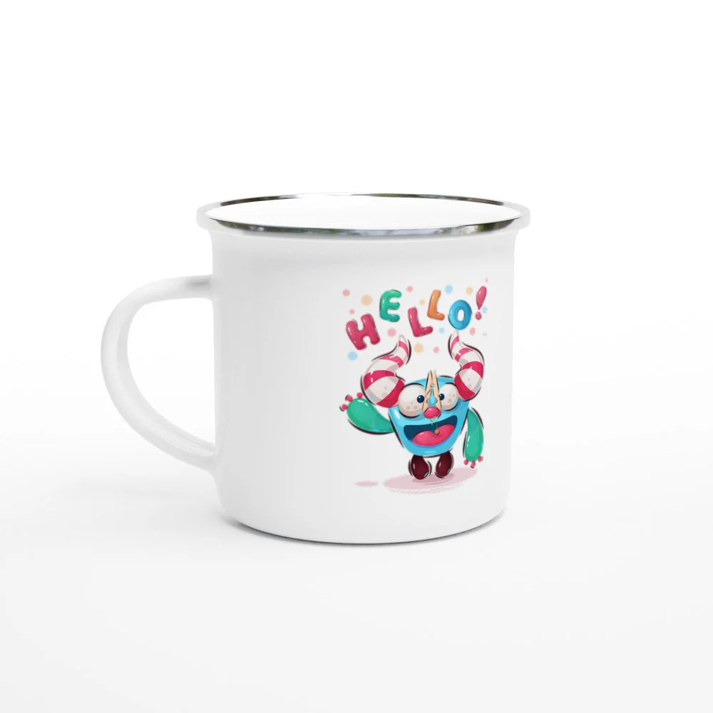 Emaille-Tasse 12 oz (350 ml) „Hello – nicht wählerisch, nur durstig (Emaille)“ mit Beispieltext
