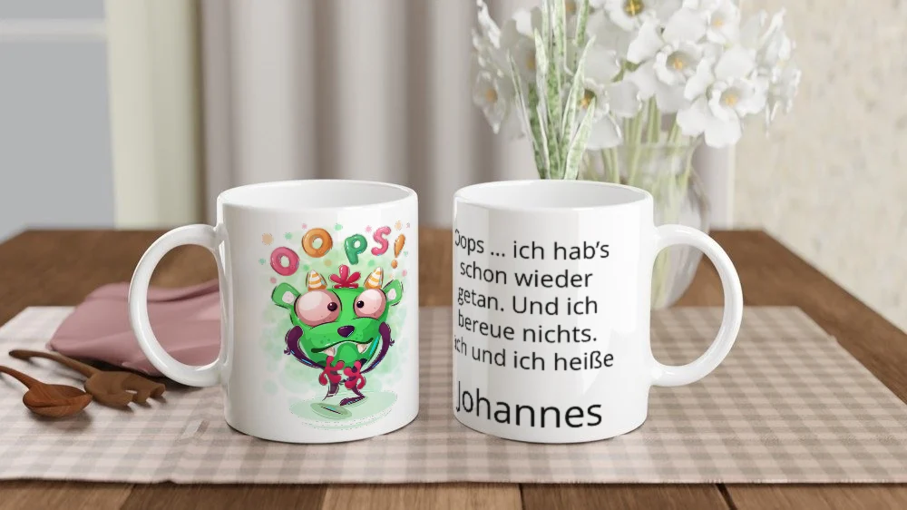 Tasse 11 oz (325 ml) „Oops – ich hab’s schon wieder getan“ mit Beispieltext