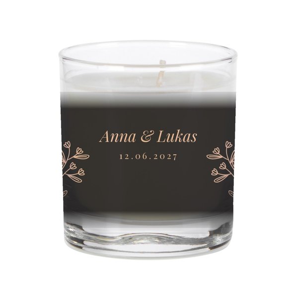 Duftkerze im Glas · Posh Candle „Hochzeitskerze – Blumenzweige dunkel“ mit Beispieltext