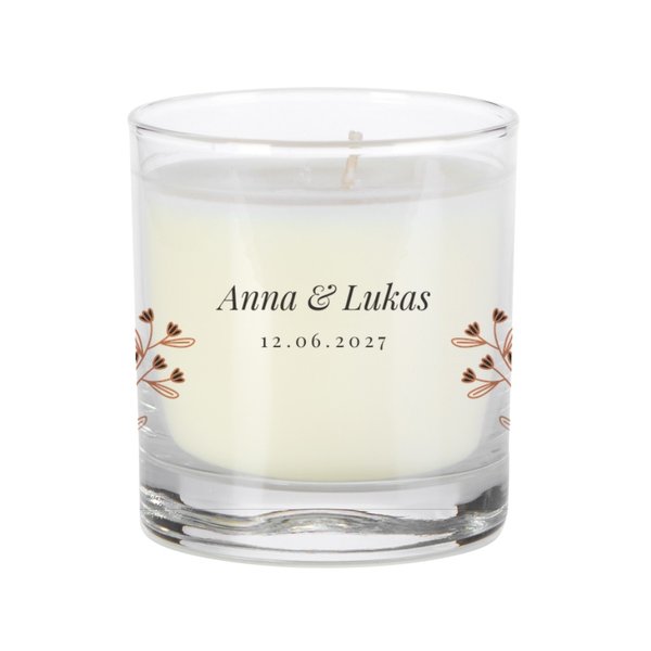 Duftkerze im Glas · Posh Candle „Hochzeitskerze – Blütenzweige auf Glas“ mit Beispieltext