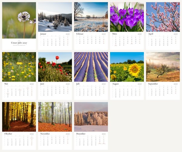 Alle 13 Blätter des Fotokalenders: Deckblatt und zwölf Monate mit Naturfotos und Kalendarium